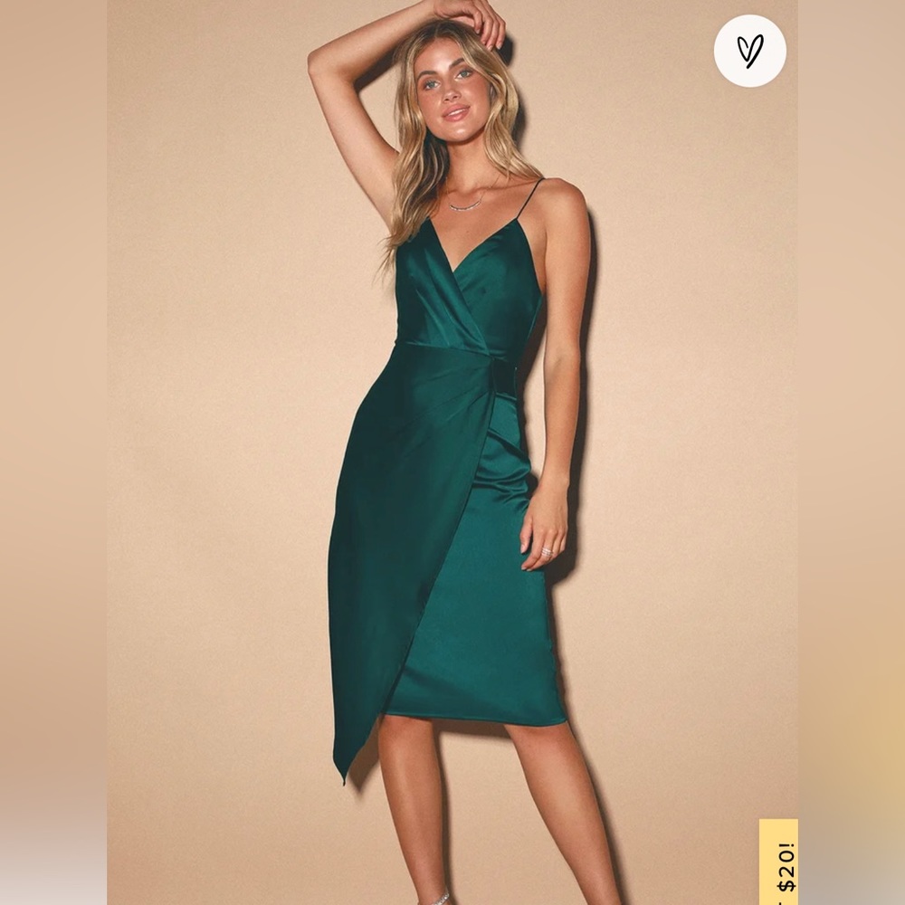 Lulu’s Dark Teal Satin Asymmetrical Midi Dress, Size M.